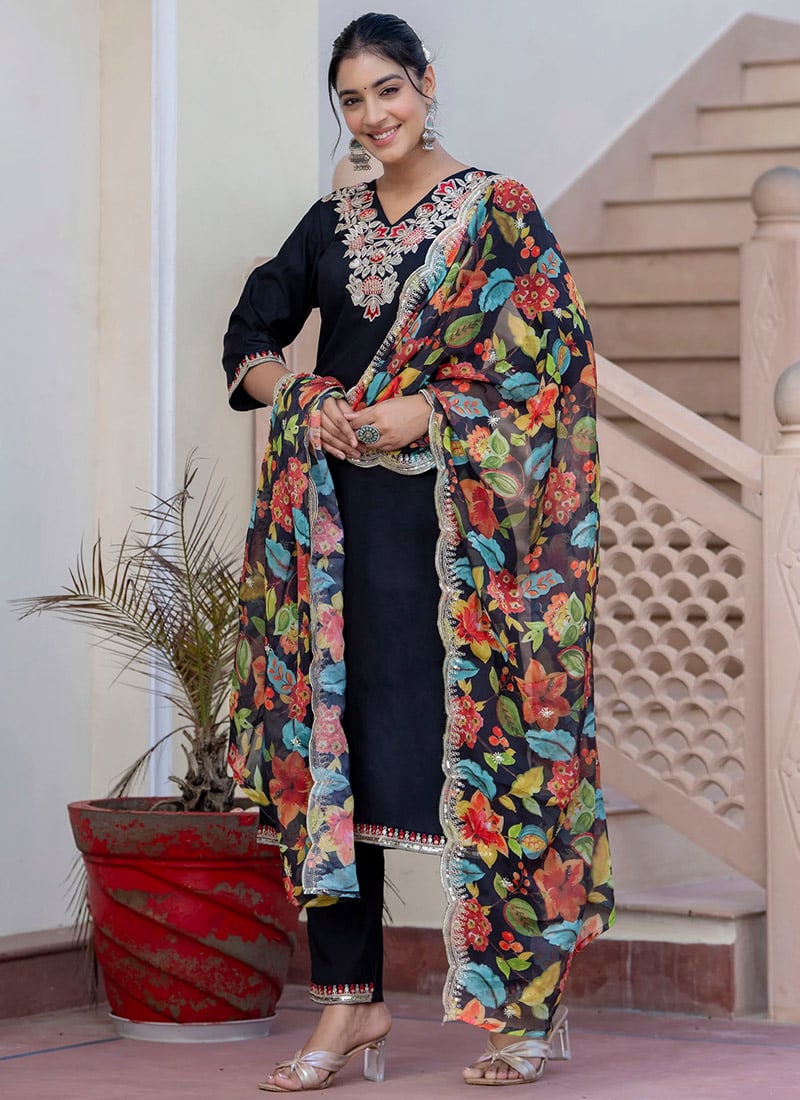 Black Silk Printed Embroidered Sequins Straight Pant Suit After Six Wear