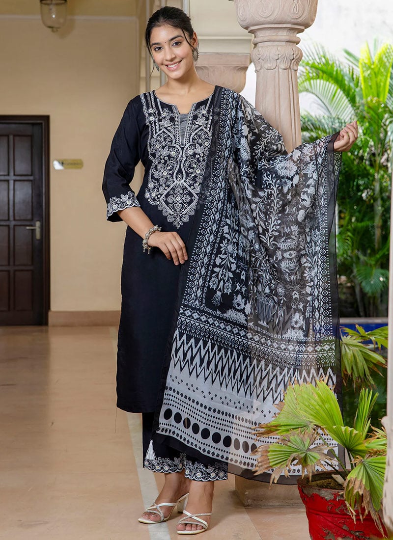 Black Silk Printed Embroidered Sequins Straight Pant Suit After Six Wear