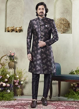 Black Silk Printed Indowestern Sherwani Festive Wear