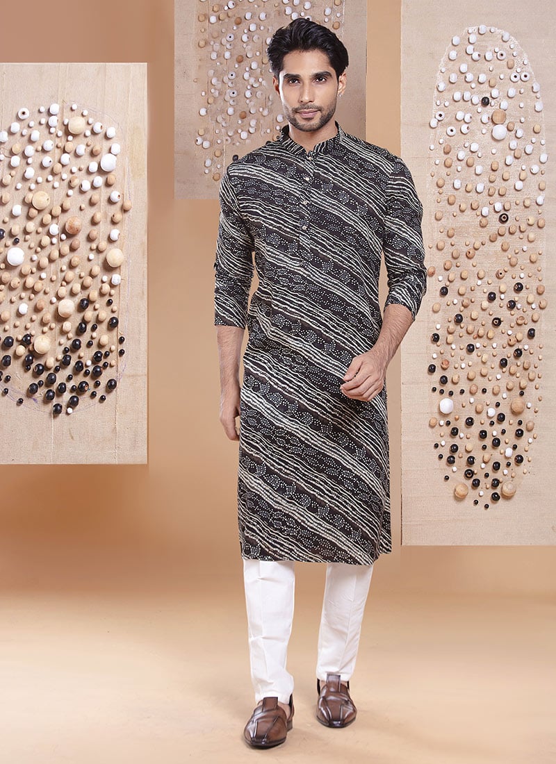 Black Silk Printed Kurta Pyjama Festive Wear