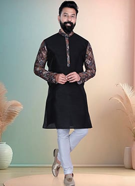 Black Silk Printed Kurta Pyjama