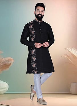 Black Silk Printed Kurta Pyjama
