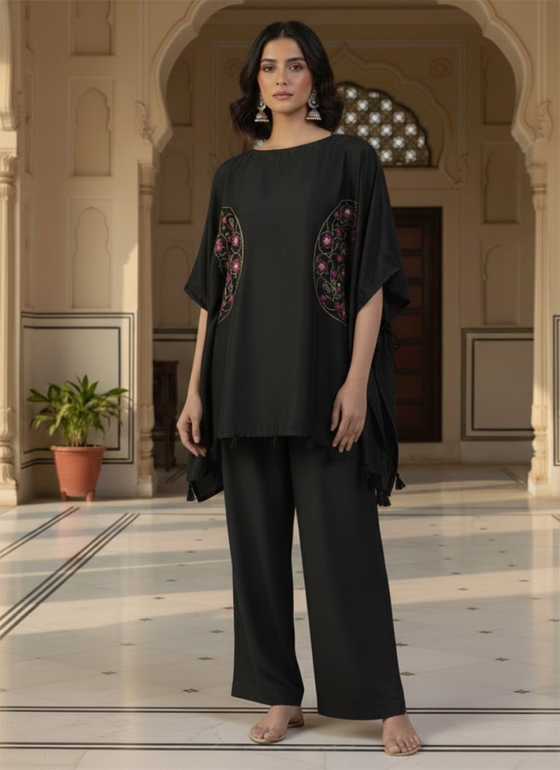 Black Silk Resham Sequins Embroidered Indowestern Set After Six Wear