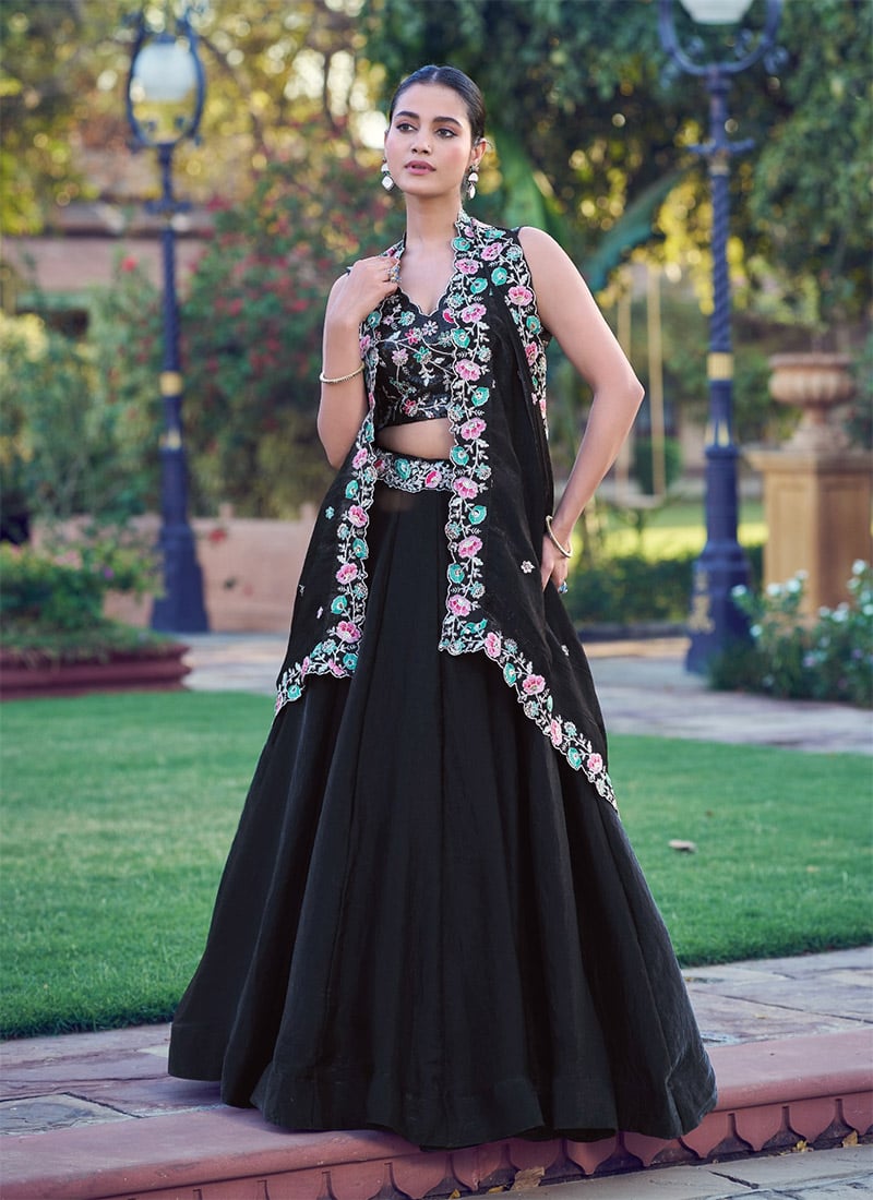 Black Silk Sequins and Thread Embroidery Work Lehenga Choli After Six Wear