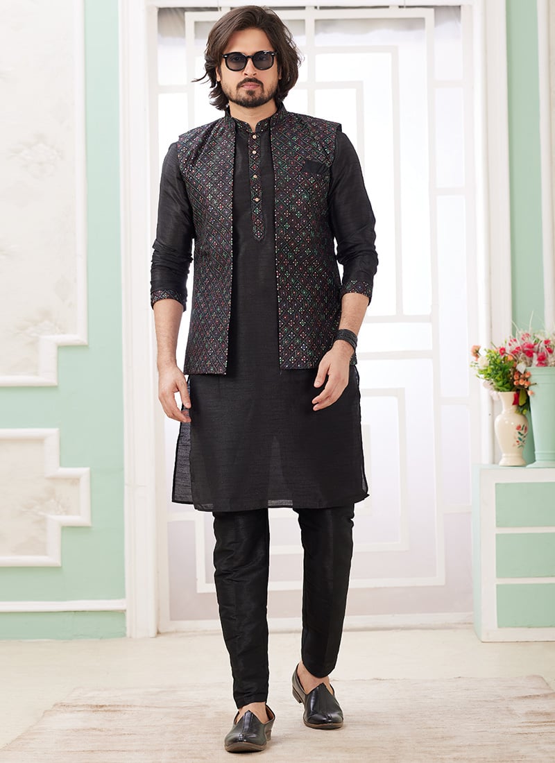 Black Silk Sequins Bandi Set Festive Wear