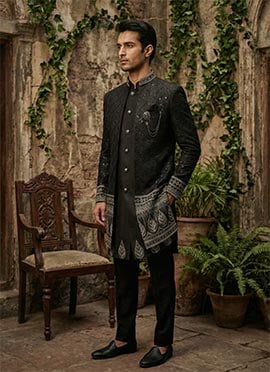 Black Silk Sequins Embroidered  Royal Indowestern Sherwani Set