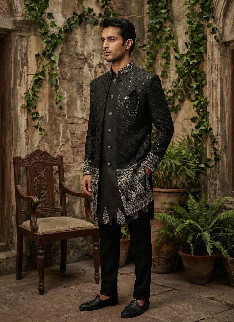 Black Silk Sequins Embroidered  Royal Indowestern Sherwani Set Wedding Wear