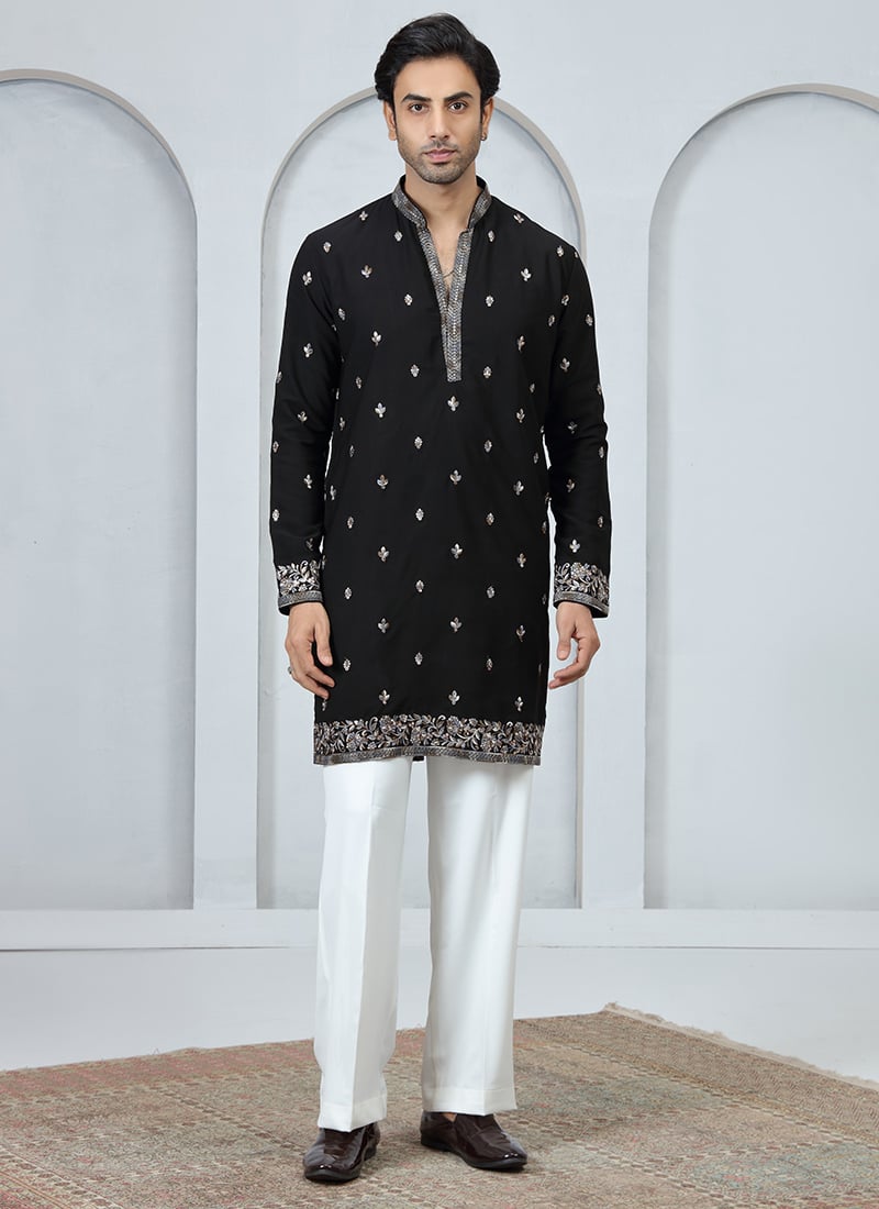 Black Silk Sequins Embroidered Kurta Pyjama Festive Wear