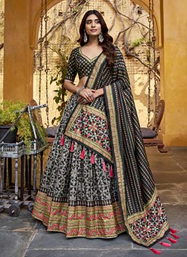 Black Silk Sequins Embroidered Thread Umbrella Lehenga