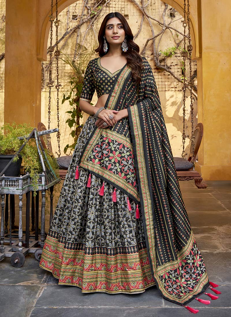 Black Silk Sequins Embroidered Thread Umbrella Lehenga Wedding Wear