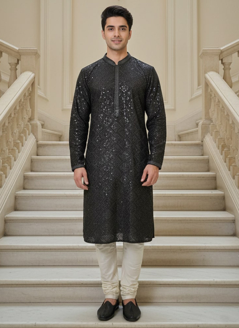 Black Silk Sequins Kurta Pyjama Festive Wear
