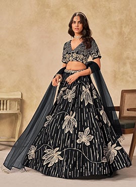 Black Silk Sequins Umbrella Lehenga