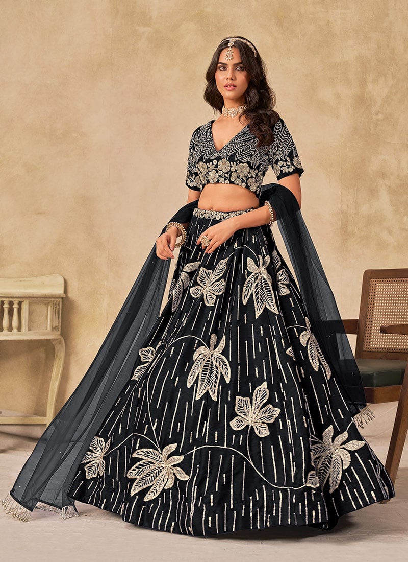 Black Silk Sequins Umbrella Lehenga Wedding Wear