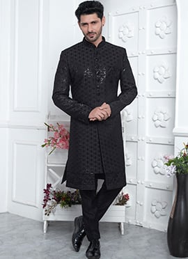 Black Silk Sherwani With Sparkling Embroidered Sequins