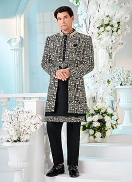 Black Silk Thread Foil Mirror Indowestern Sherwani