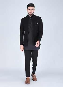 Black Silk Thread Hand Embroidered Jodhpuri Suit