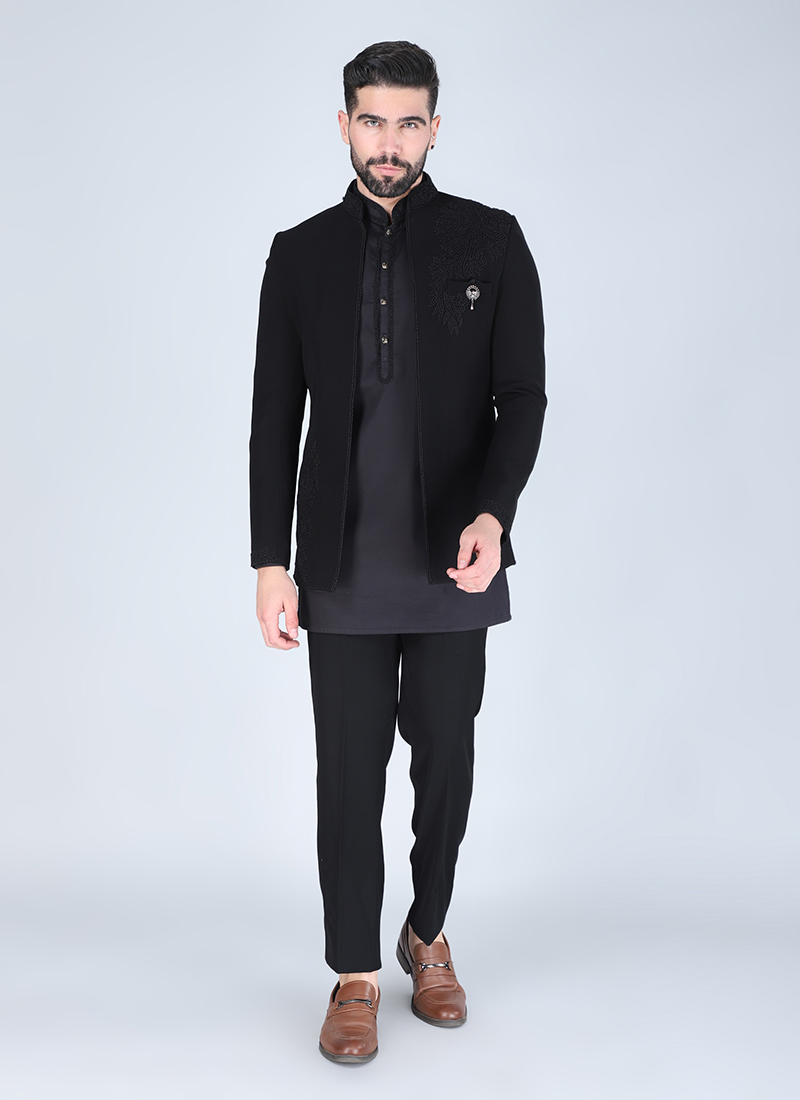 Black Silk Thread Hand Embroidered Jodhpuri Suit Wedding Wear