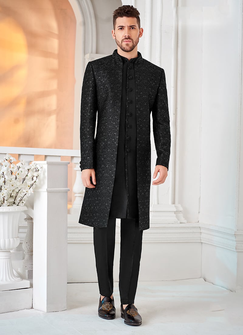 Black Silk Thread Hand Work Indowestern Sherwani Wedding Wear