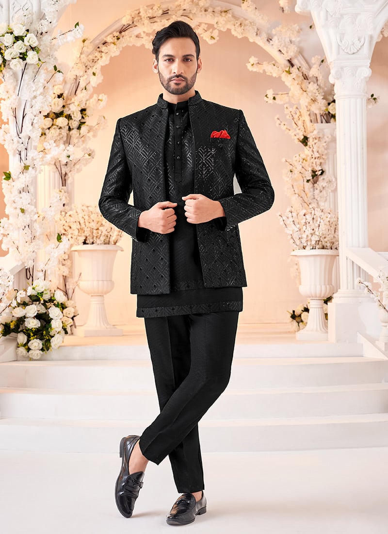 Black Silk Thread Hand Work Indowestern Sherwani Wedding Wear