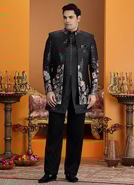 Black Silk Thread Zari Sequins Embroidered Indowestern Sherwani