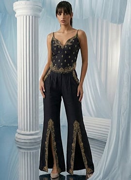Black Silk Zardosi Sequins Hand Embroidered Indowestern Palazzo Set