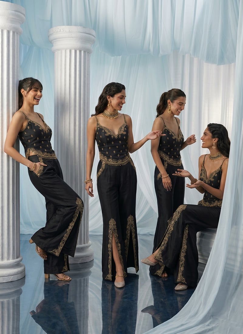 Black Silk Zardosi Sequins Hand Embroidered Indowestern Palazzo Set Wedding Wear