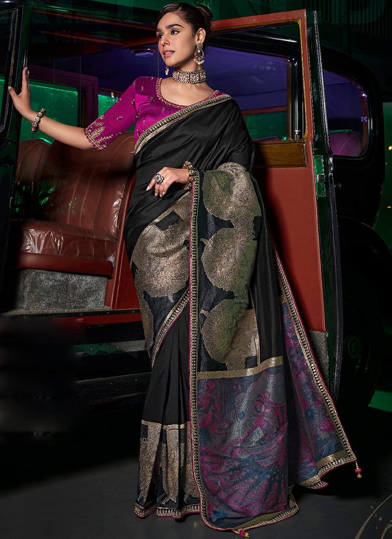 Black Silk Zari And Thread Embroidered Sequins Saree Festive Wear