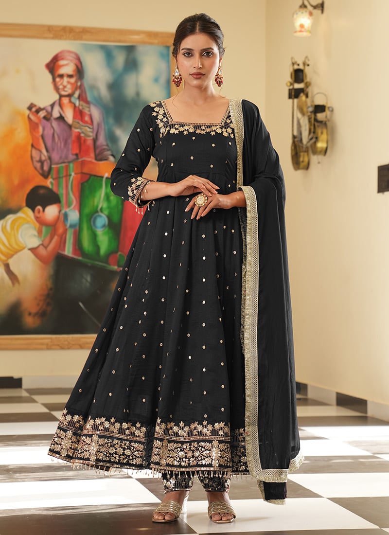 Black Silk Zari Embroidered Sequins Anarkali Suit