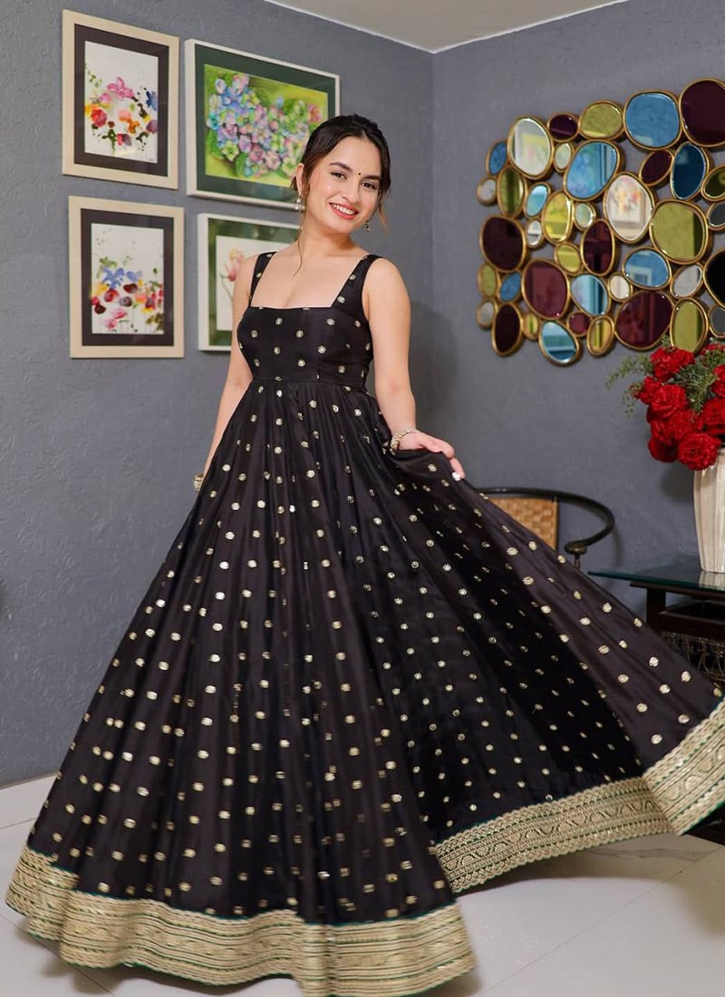 Black Silk Zari Embroidered Sequins Anarkali Suit Festive Wear