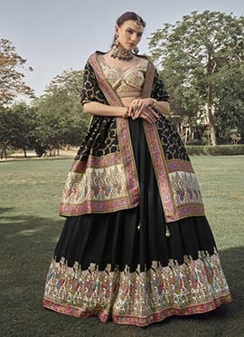 Black Silk Zari Embroidered Sequins Beads Work Jacquard Lehenga Choli