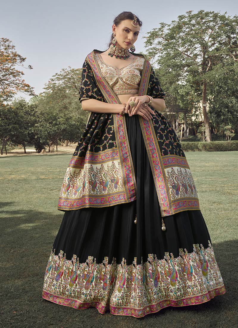 Black Silk Zari Embroidered Sequins Beads Work Jacquard Lehenga Choli Wedding Wear