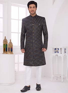 Black Silk Zari Embroidered Sequins Classic Indowestern Sherwani