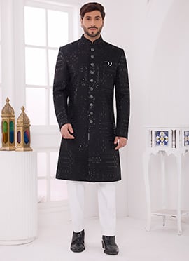 Black Silk Zari Embroidered Sequins Classy Indowestern Sherwani