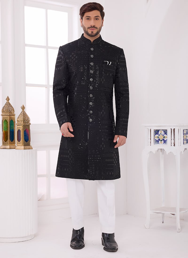 Black Silk Zari Embroidered Sequins Classy Indowestern Sherwani Wedding Wear