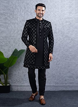 Black Silk Zari Embroidered Sequins Indowestern Sherwani