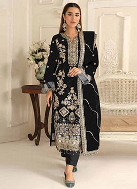 Black Silk Zari Embroidered Sequins Pakistani Straight Pant Suit