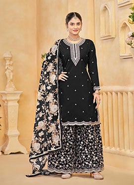 Black Silk Zari Embroidered Sequins Palazzo Suit With Digital Print Dupatta