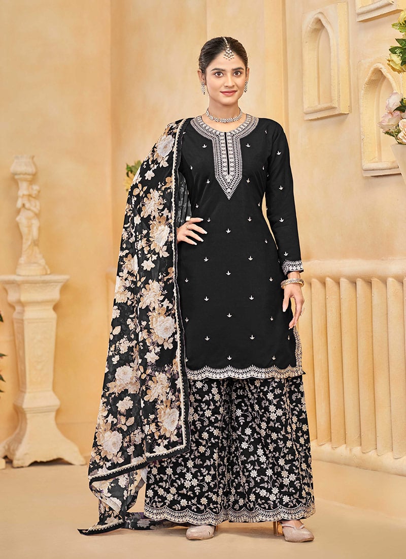 Black Silk Zari Embroidered Sequins Palazzo Suit With Digital Print Dupatta Festive Wear