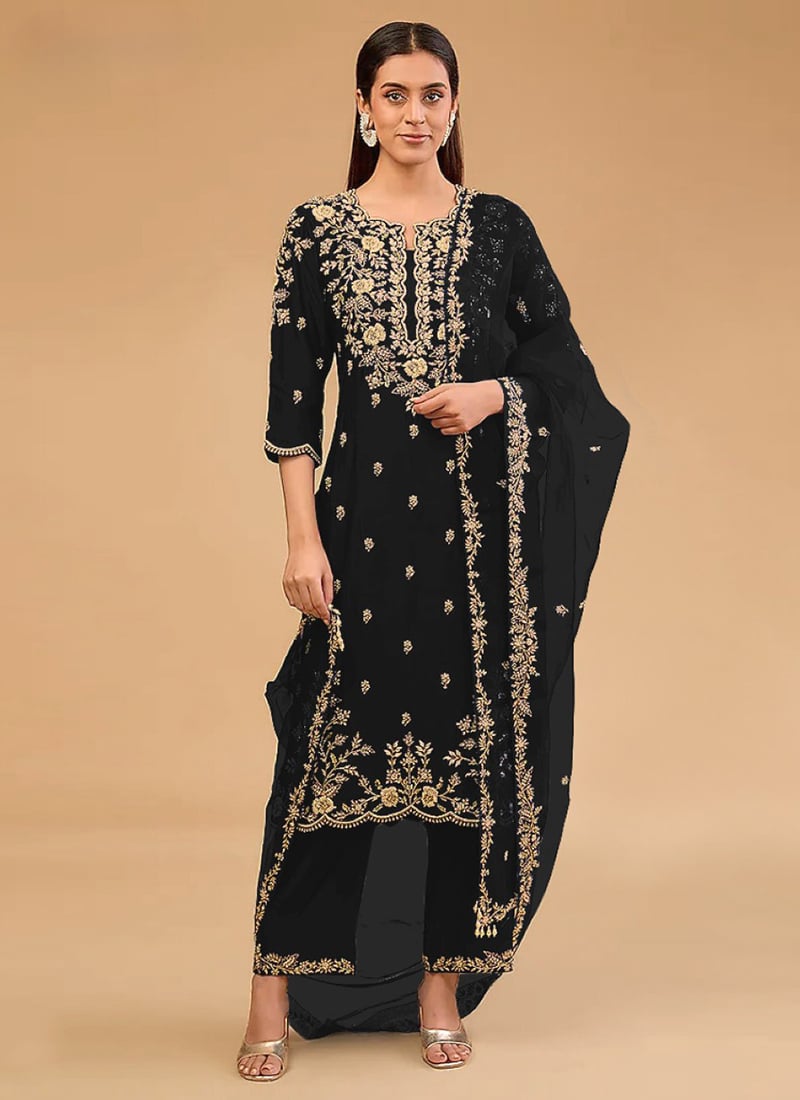 Black Silk Zari Embroidered Sequins Straight Pant Suit Festive Wear