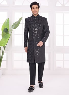 Black Silk Zari Embroidered Sequins Timeless Indowestern Sherwani