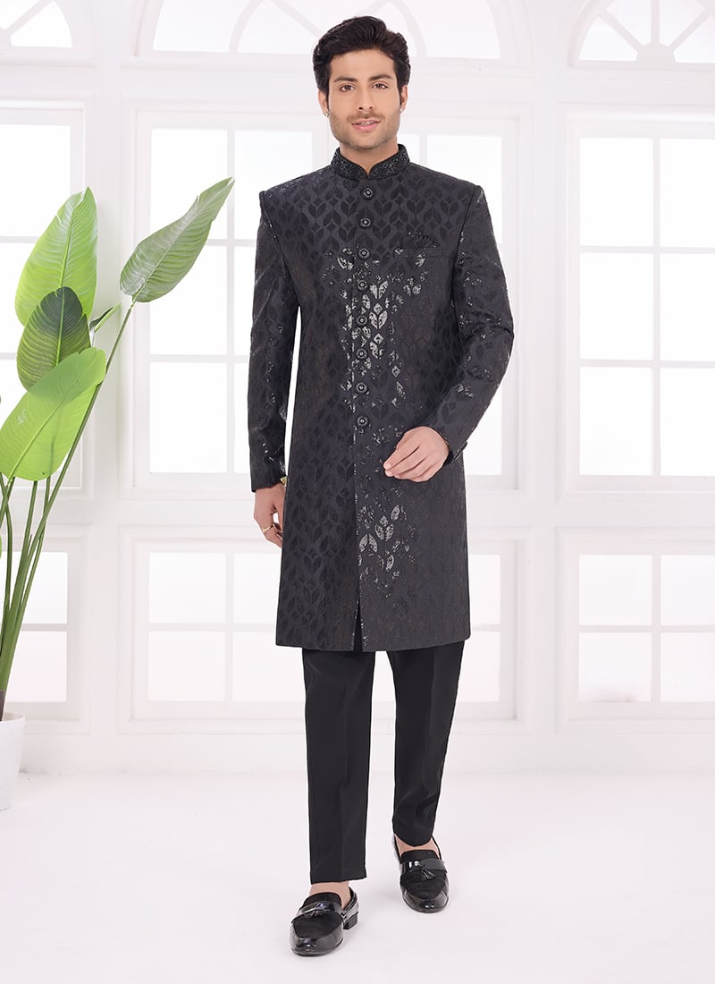 Black Silk Zari Embroidered Sequins Timeless Indowestern Sherwani Wedding Wear