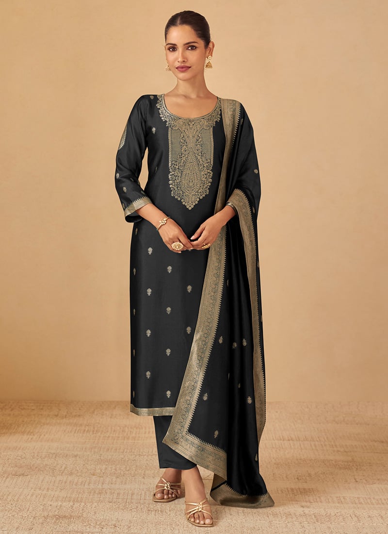 Black Silk Zari Embroidered Straight Pant Suit Festive Wear
