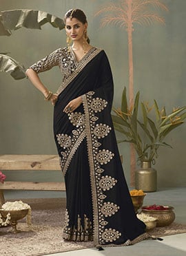 Black Silk Zari Gota Embroidered Sequins Saree