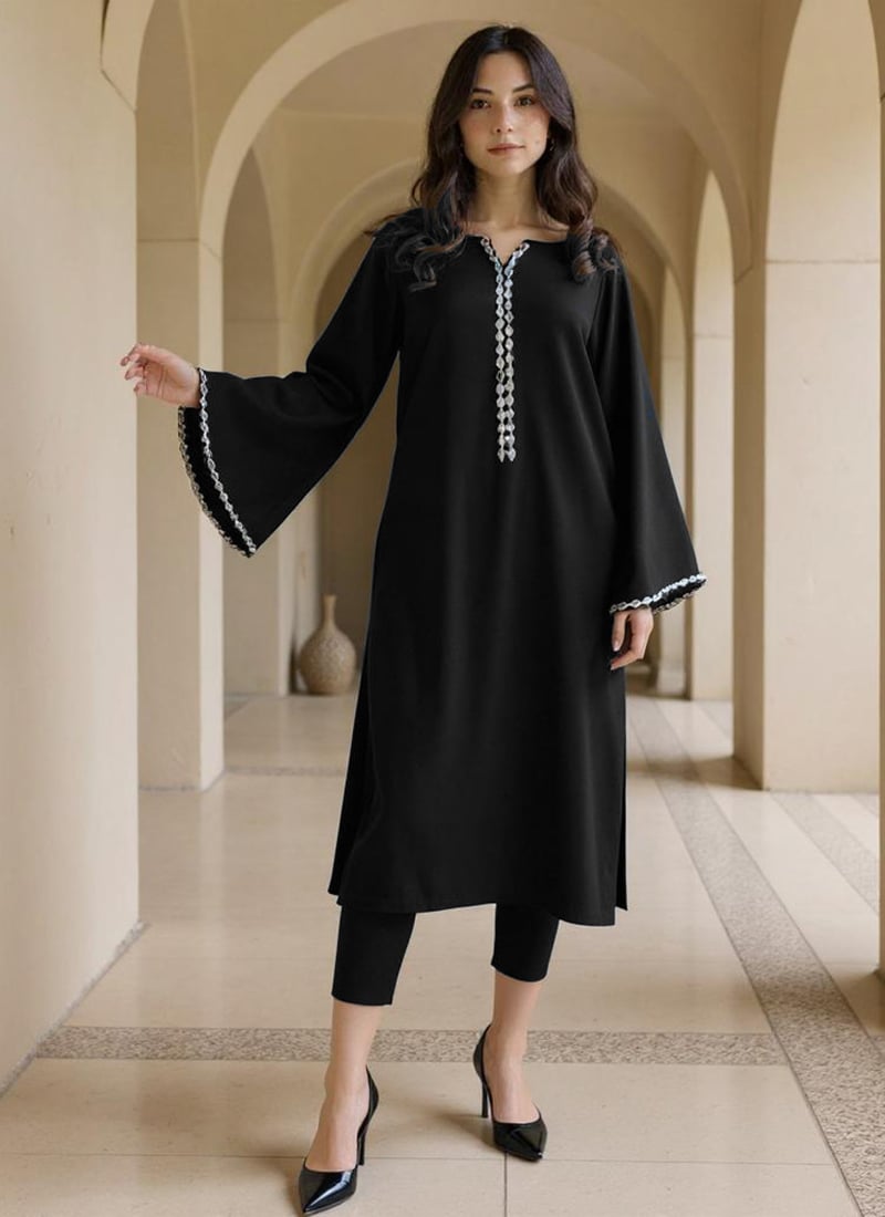 Black Silk Zari Hand Embroidered With Mirror work Straight Pant Suit Festive Wear