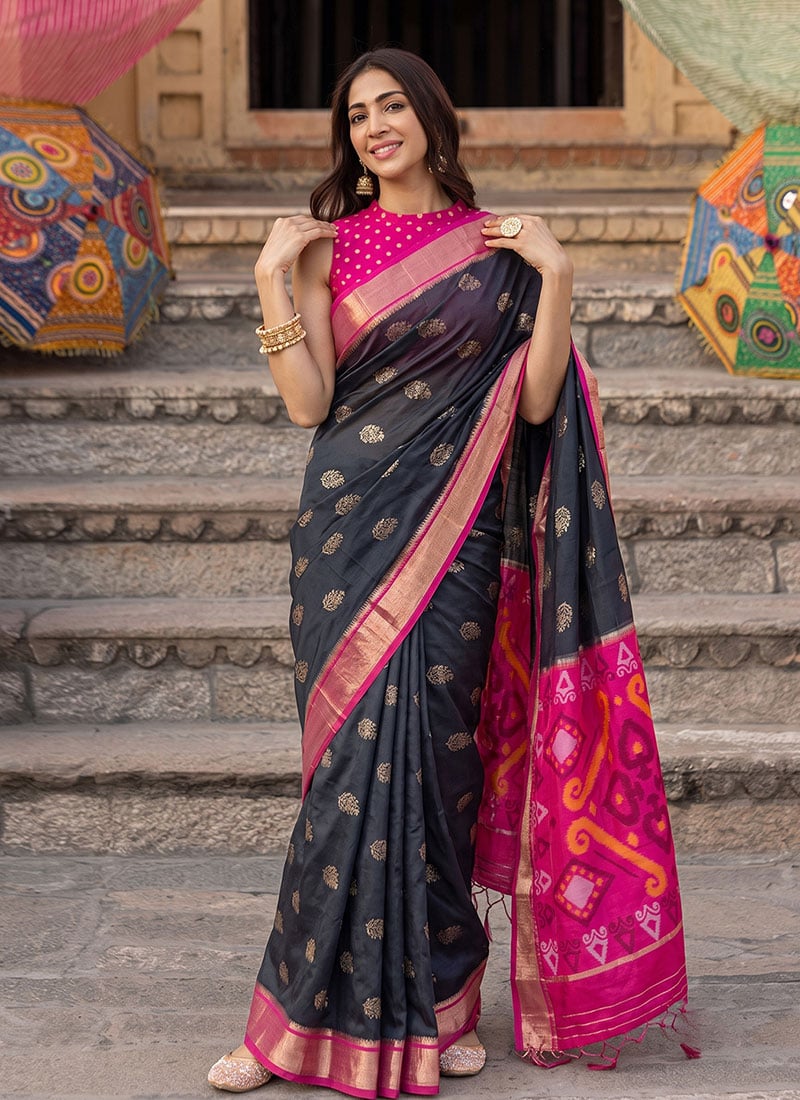 Black Silk Zari Jacquard Woven Saree Festive Wear