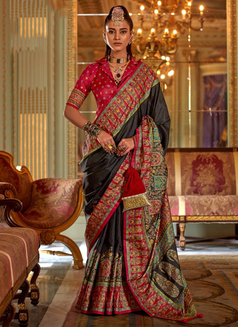 Black Silk Zari Printed Saree Festive Wear