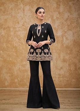 Black Silk Zari Sequins Indowestern Bell Bottom Pant Suit