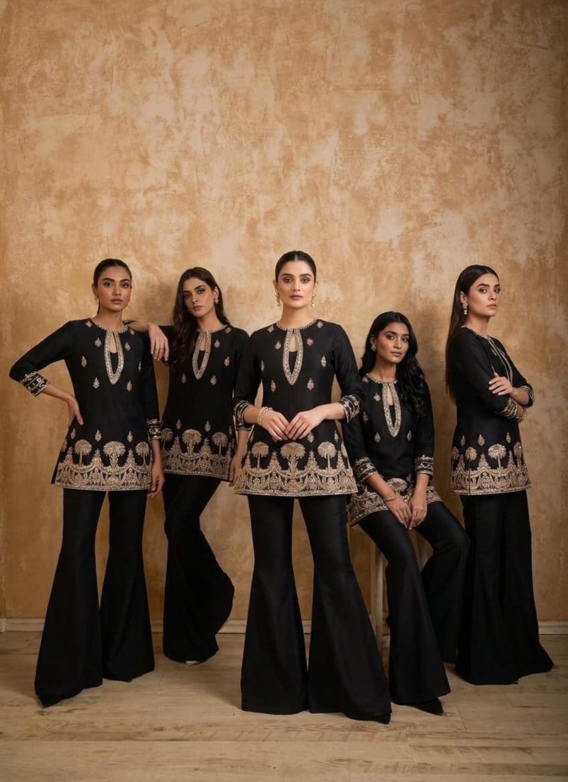 Black Silk Zari Sequins Indowestern Bell Bottom Pant Suit After Six Wear