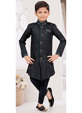 Black Siyara Jacquard Zari Thread Kids Boys Indowestern Sherwani