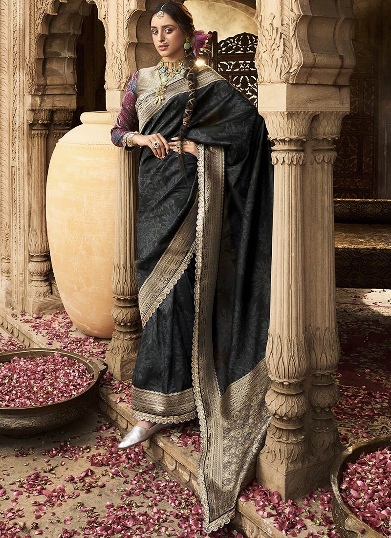 Black Soft Banarasi Silk Zari Embroidered Saree